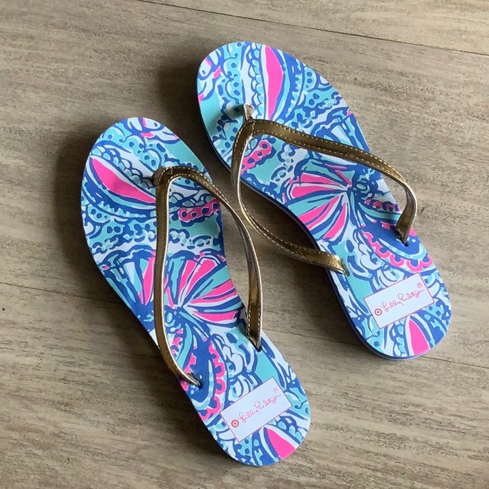 Lilly Pulitzer Vibrant Blue and Pink Flip Flops with Gold Straps